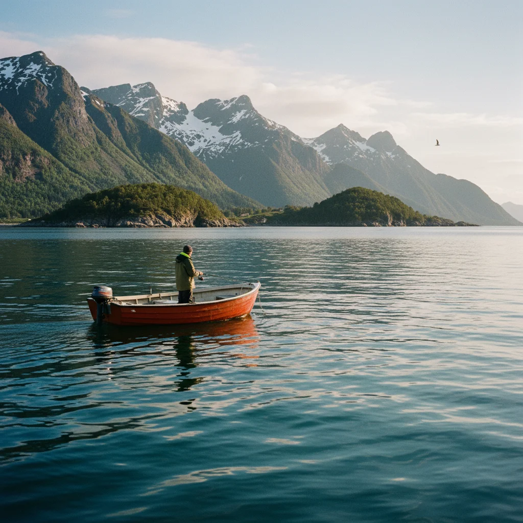 Angler auf einem kleinen Boot vor der norwegischen Küste mit Bergen im Hintergrund