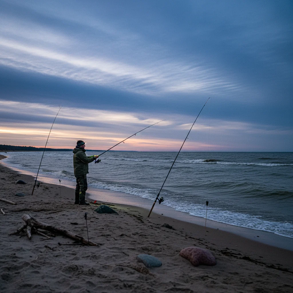 Angler beim Brandungsangeln am Ostseestrand bei Dämmerung