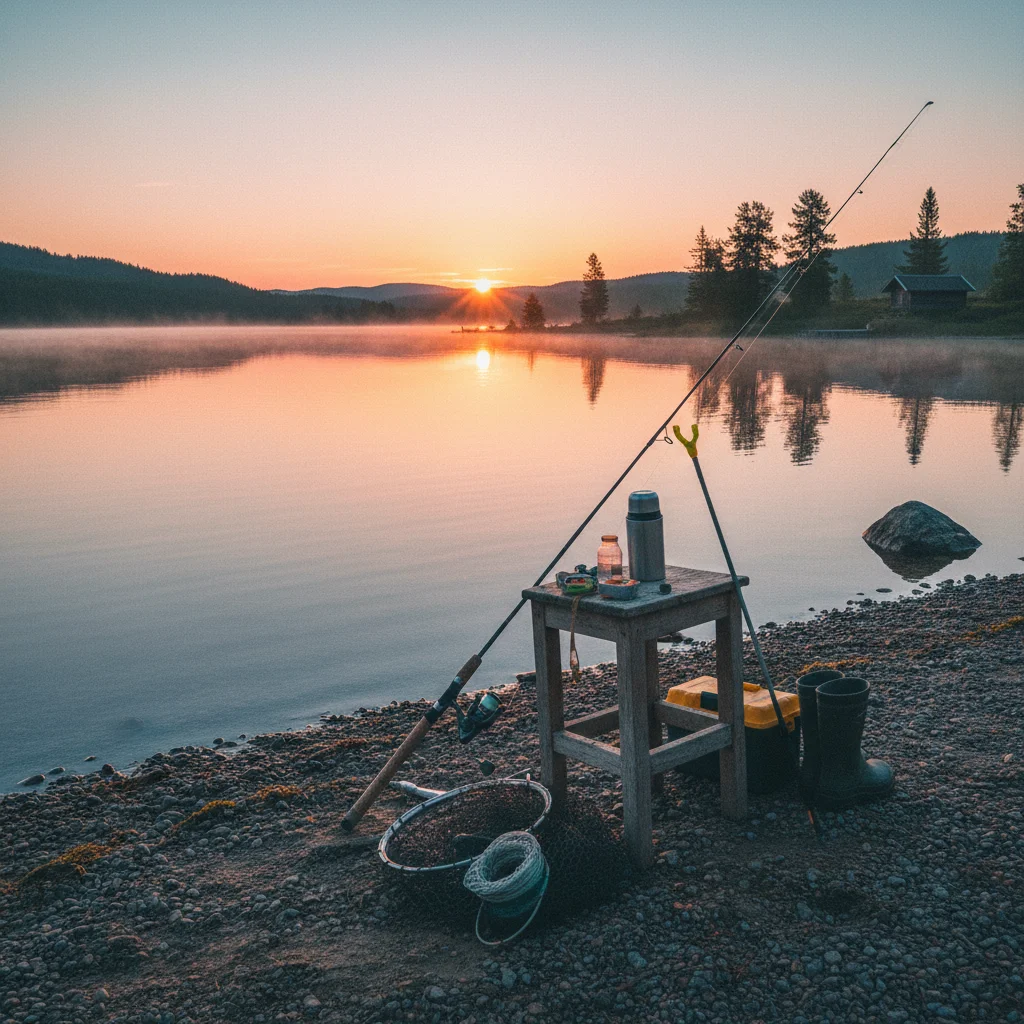 Angelausrüstung am Ufer eines skandinavischen Sees bei Morgenrot