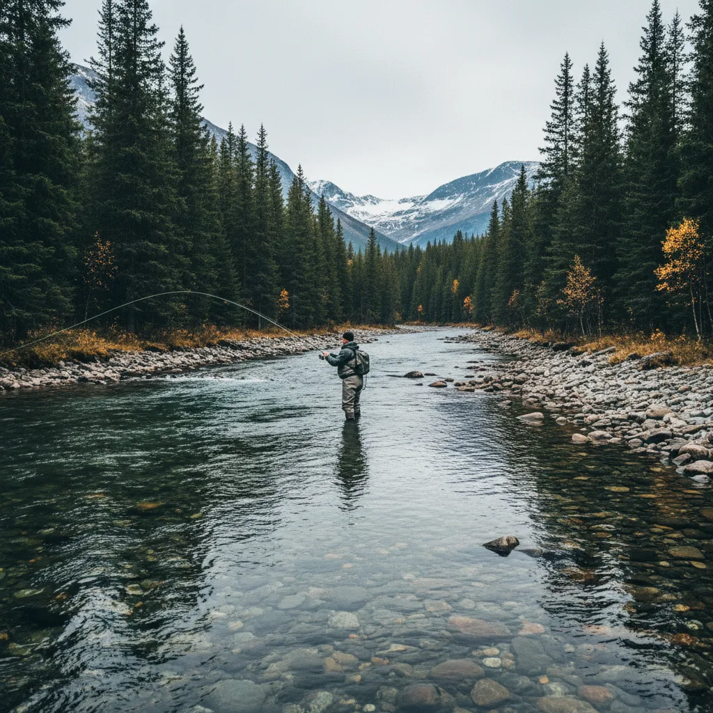 Angler in einem klaren skandinavischen Fluss beim Fliegenfischen auf Lachs