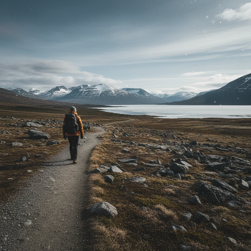 Wanderer mit Smartphone auf einem norwegischen Berggipfel
