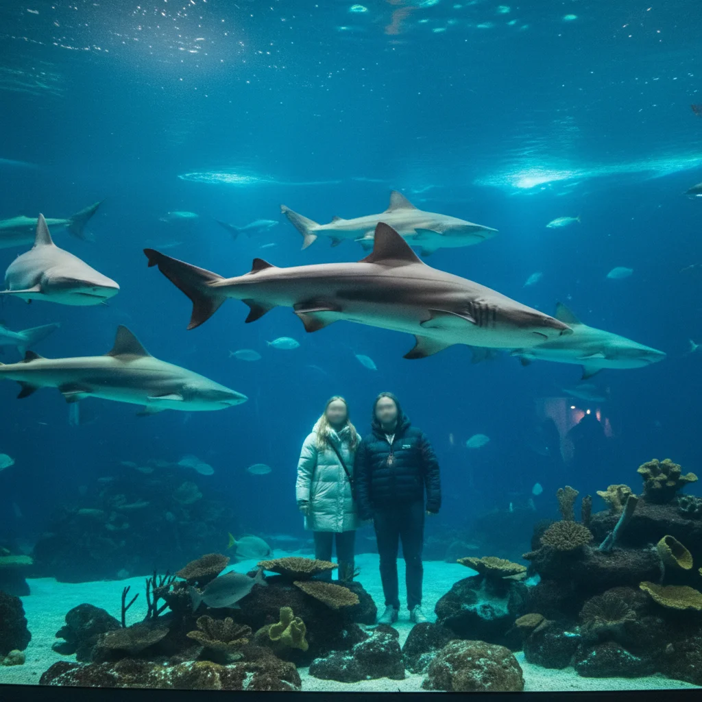 Haie schwimmen durch das große Ozeanbecken in Den Blå Planet