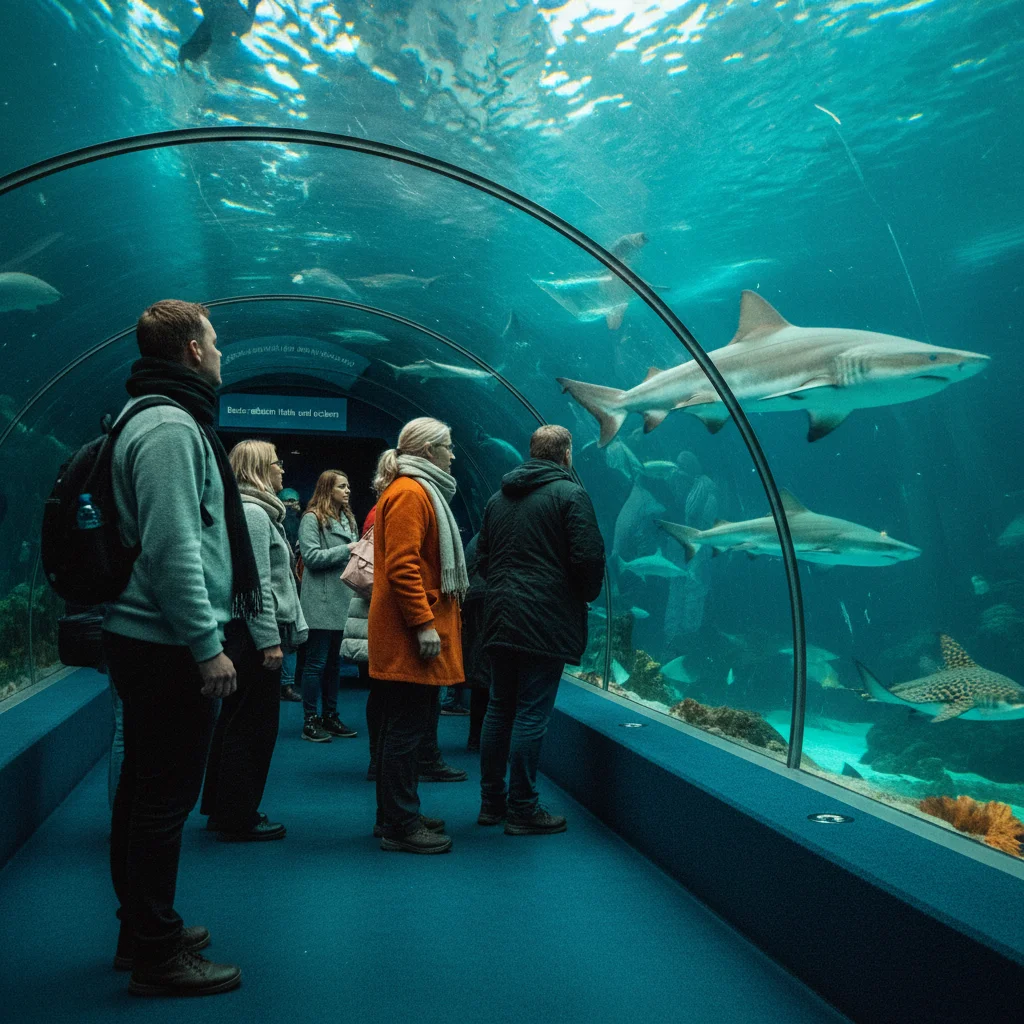Besucher beobachten Haie und Rochen im Kattegatcentret in Grenaa