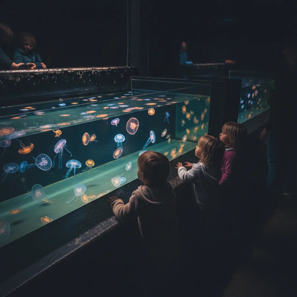 Leuchtende Quallen in einem dunklen Becken, von Kindern bestaunt