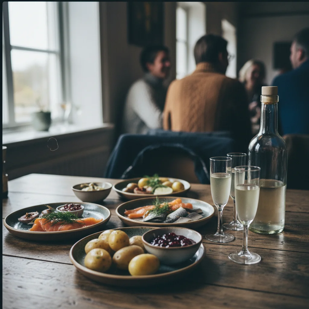 Norwegisches Festessen mit Aquavit, Lachs, Fladenbrot und eingelegtem Fisch
