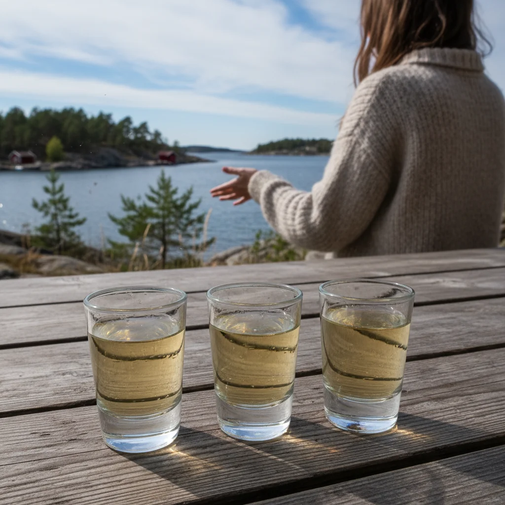 Aquavit-Gläser auf einem festlich gedeckten norwegischen Tisch
