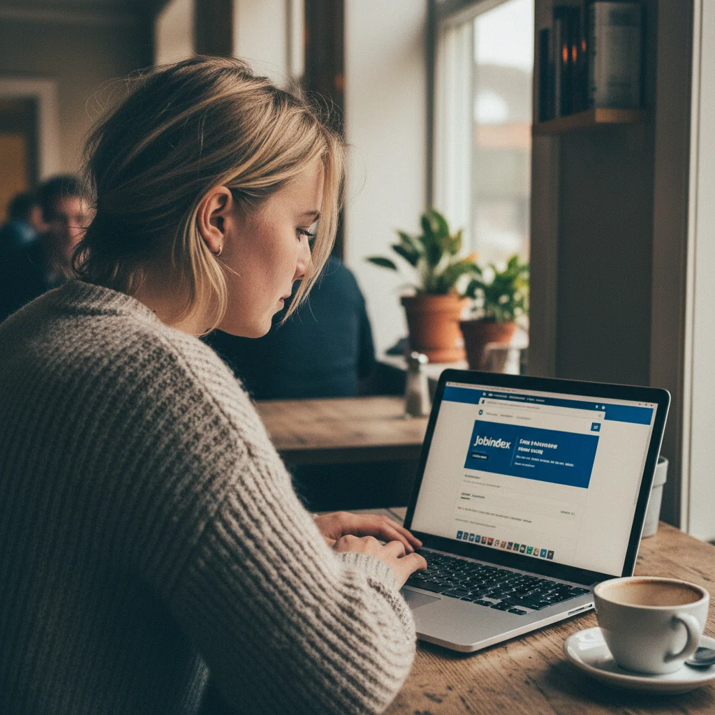 Person nutzt dänisches Jobportal am Laptop