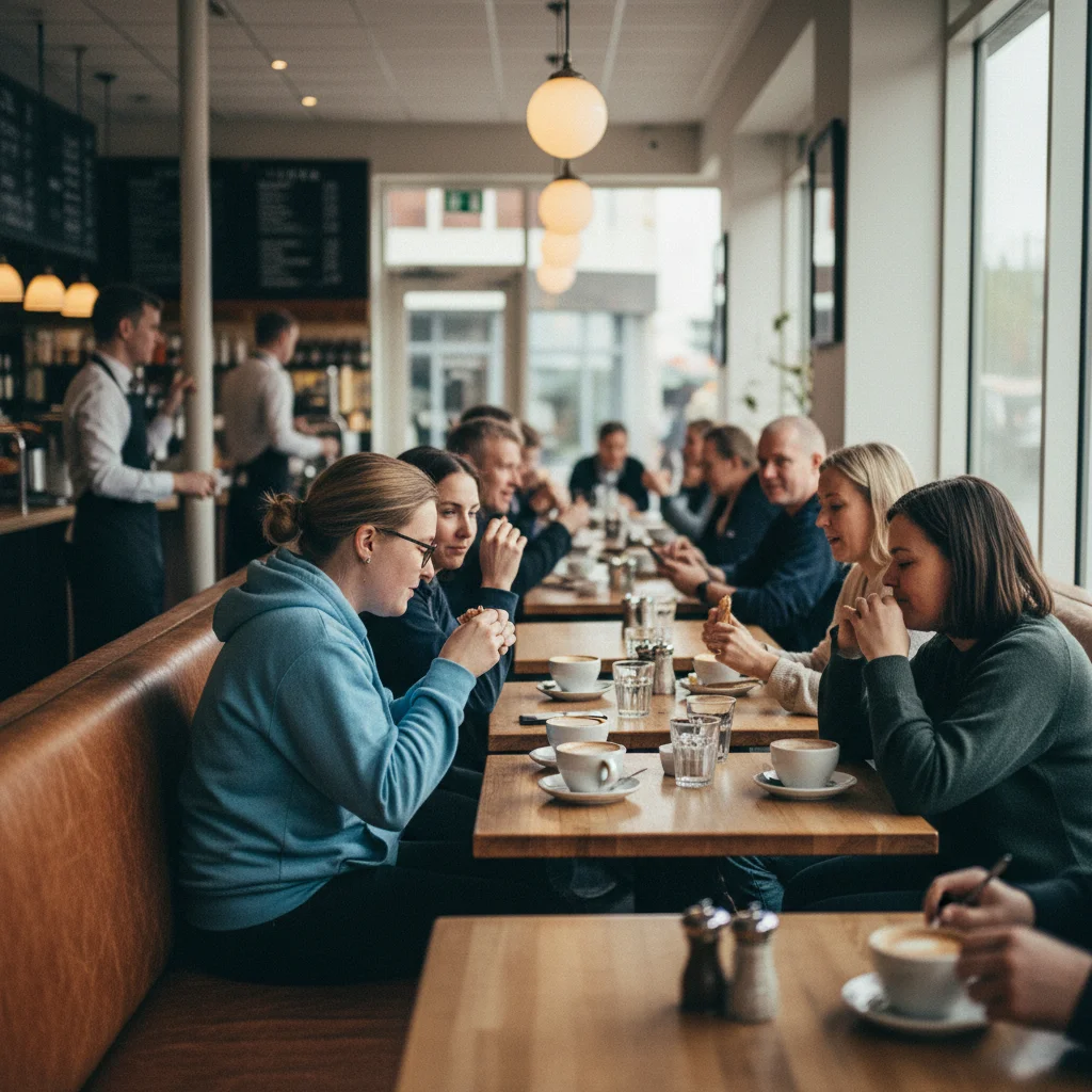 Menschen in einem Café in Reykjavík während der Mittagspause