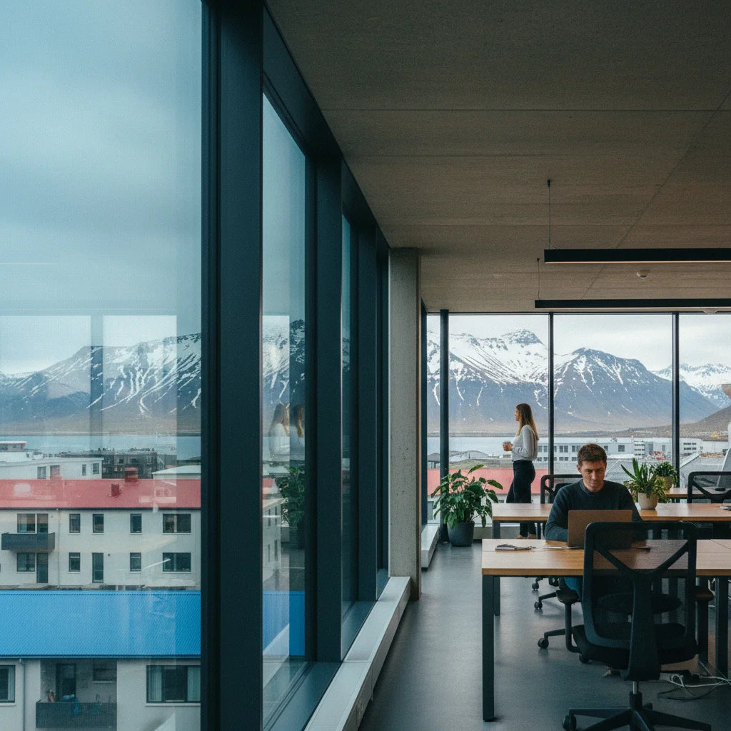 Ein modernes Büro in Reykjavík mit großen Fenstern und Blick auf die Berge