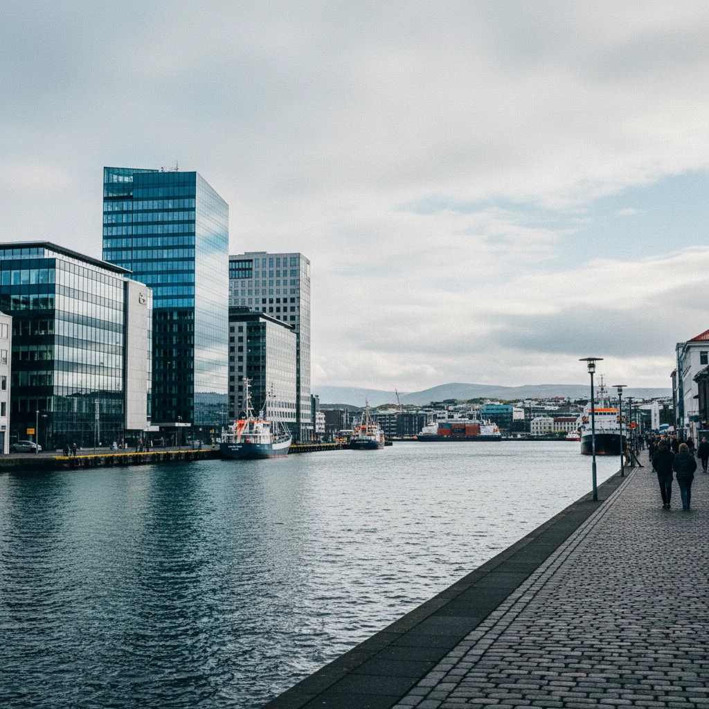 Blick auf das Geschäftsviertel von Reykjavík mit modernen Bürogebäuden und dem Hafen