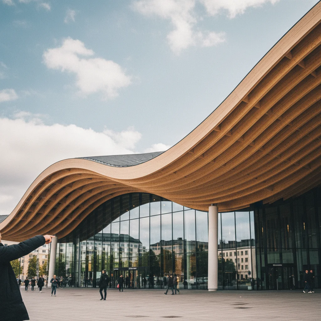 Bibliothek Oodi in Helsinki mit gewelltem Holzdach