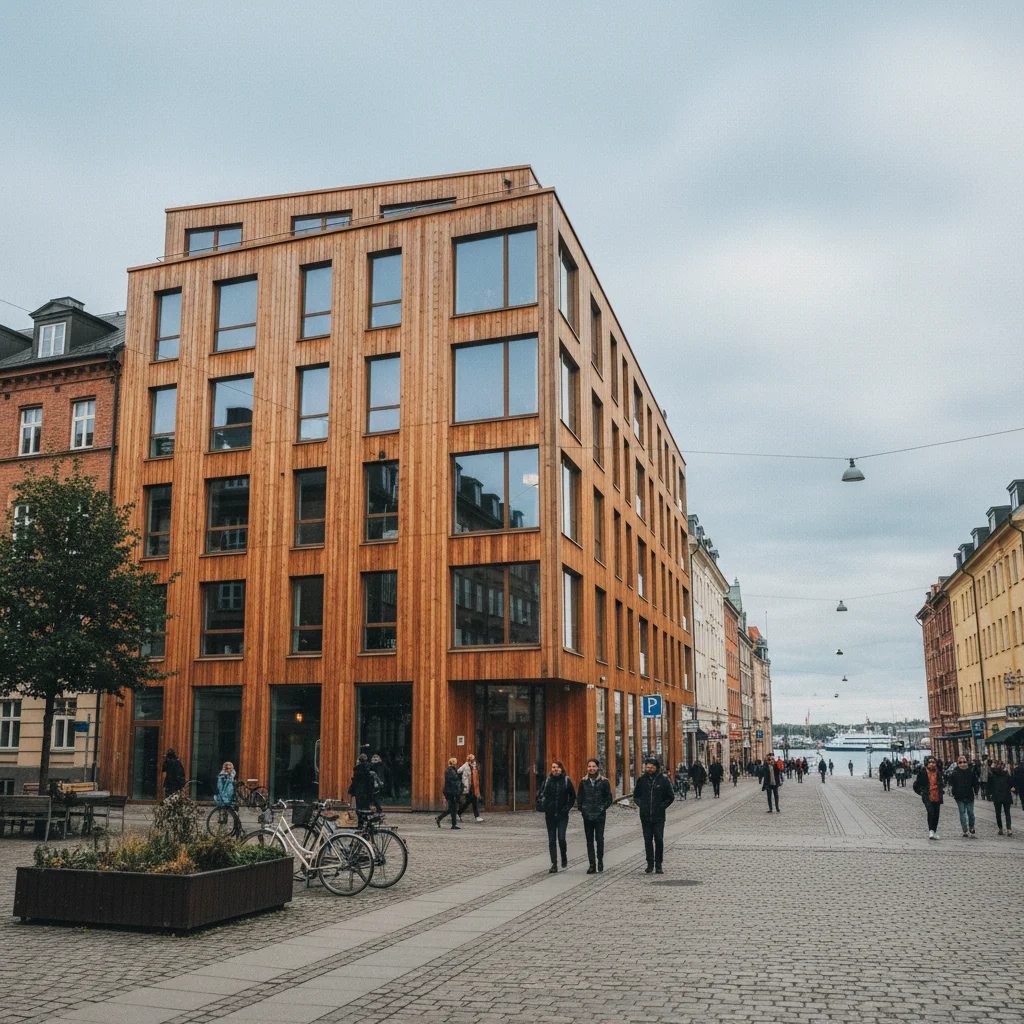 Modernes Holzhochhaus in einer skandinavischen Stadt