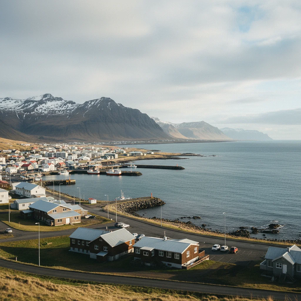 Húsavík an der Skjálfandi-Bucht gesehen vom Arctic Coast Way