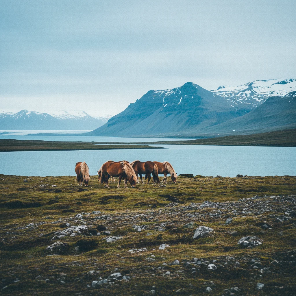 Blick über den Skagafjörður in Nordisland mit Pferden