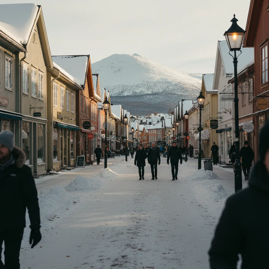 Åre Ortskern am Abend mit beleuchteten Restaurants und Bars
