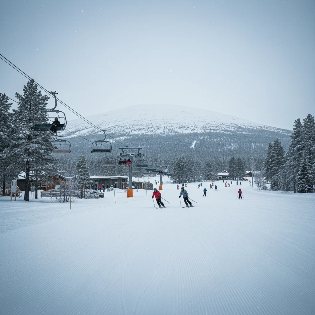 Skipisten am Åreskutan im Winter mit verschneiten Bäumen