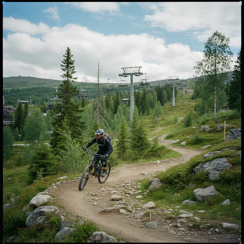 Mountainbiker auf einem Trail oberhalb von Åre im Sommer