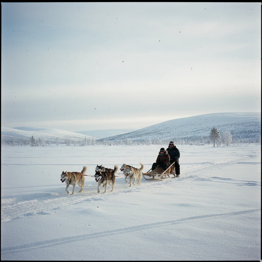 Hundeschlittenteam zieht durch die verschneite Landschaft der Finnmark