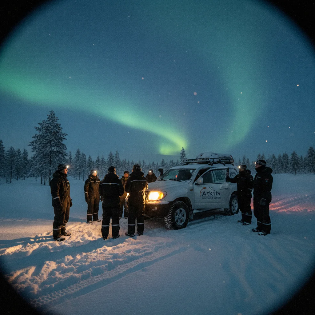 Nordlicht-Safari in Nordnorwegen mit gruenen Lichtern am Himmel