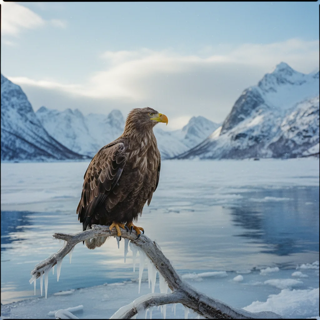 Seeadler im Flug über einem norwegischen Fjord in Nordnorwegen