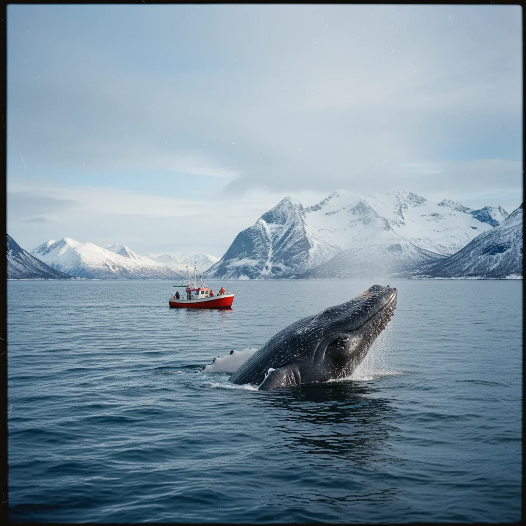Buckelwal taucht vor der Küste von Tromsoe im arktischen Fjord auf