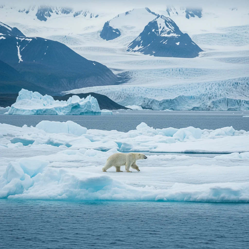 Eisbär läuft über Packeis vor der Küste Svalbards mit Gletschern im Hintergrund