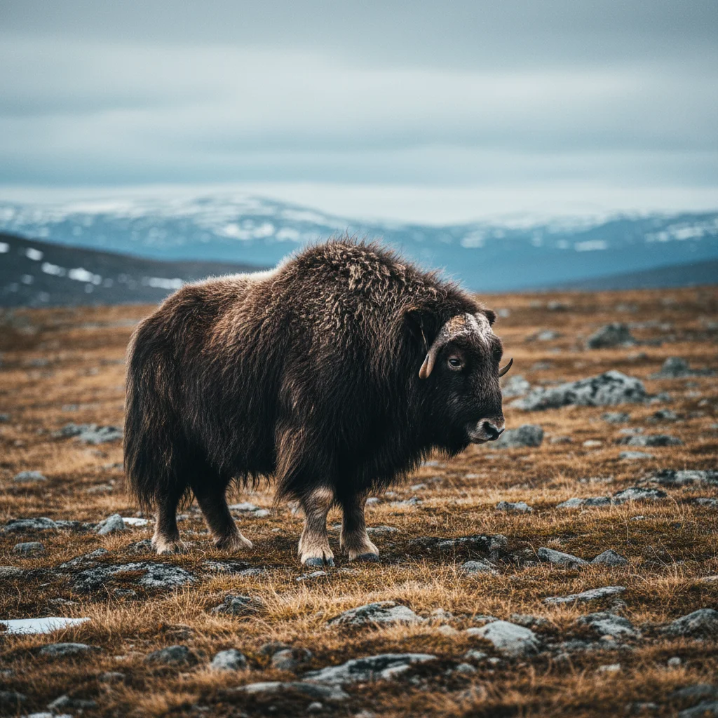 Moschusochse mit dichtem Fell steht auf einer windgepeitschten Hochebene im Dovrefjell-Nationalpark
