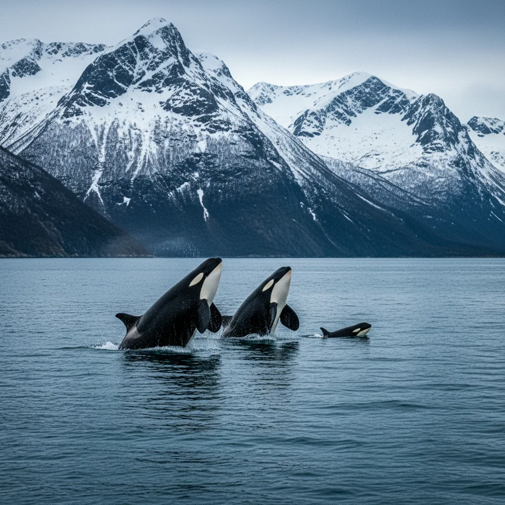 Orcas tauchen in einem norwegischen Fjord auf, im Hintergrund verschneite Berge