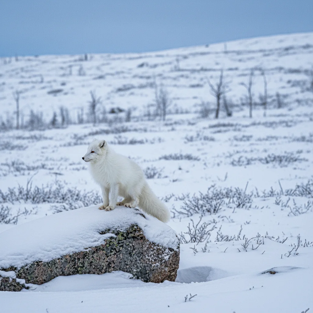 Weißer Polarfuchs im Winterfell sitzt auf verschneitem Felsen in der arktischen Tundra