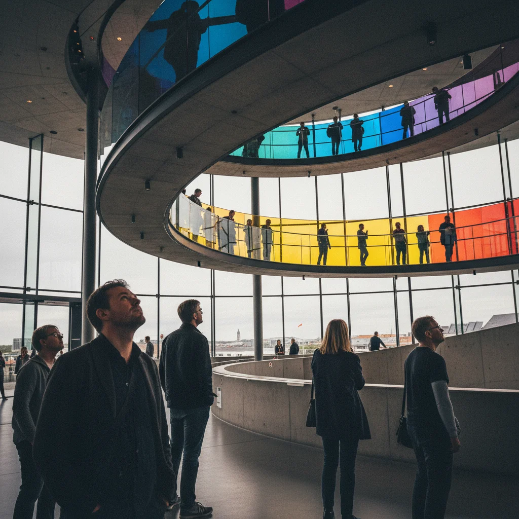 Besucher betrachten eine zeitgenössische Installation im ARoS Museum
