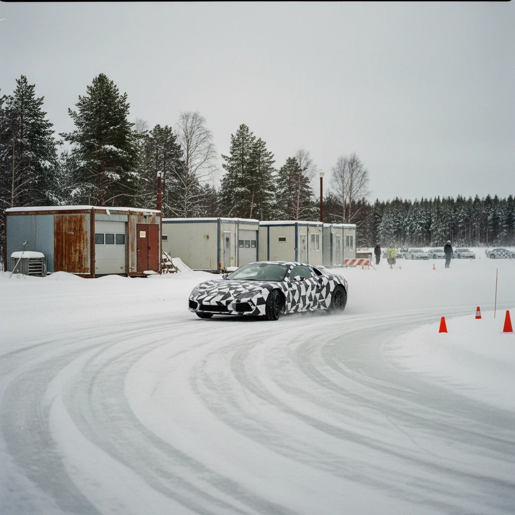 Autoteststrecke auf zugefrorenem See bei Arvidsjaur im Winter