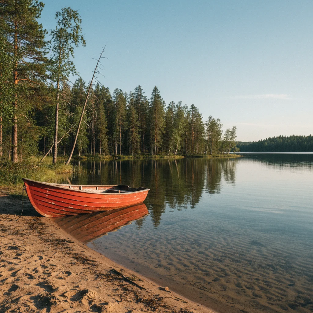 See bei Arvidsjaur im Sommer mit Wald und blauem Himmel