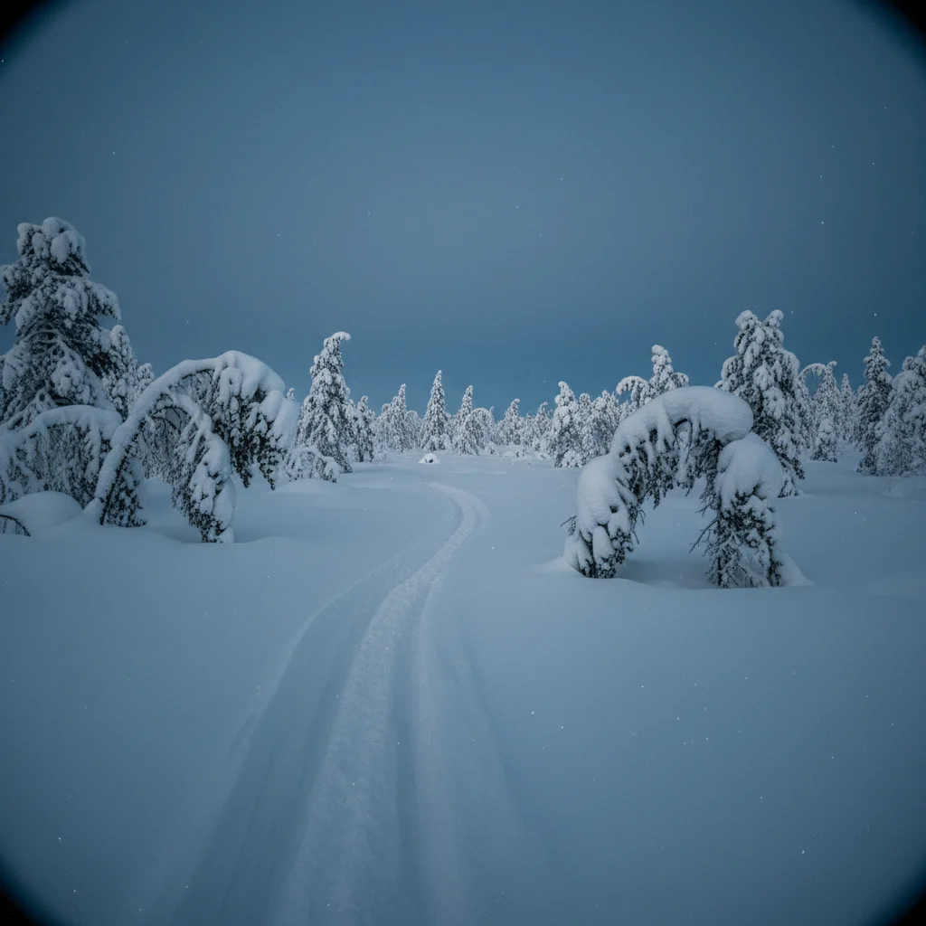 Winterlandschaft bei Arvidsjaur mit verschneiten Bäumen und Nordlicht