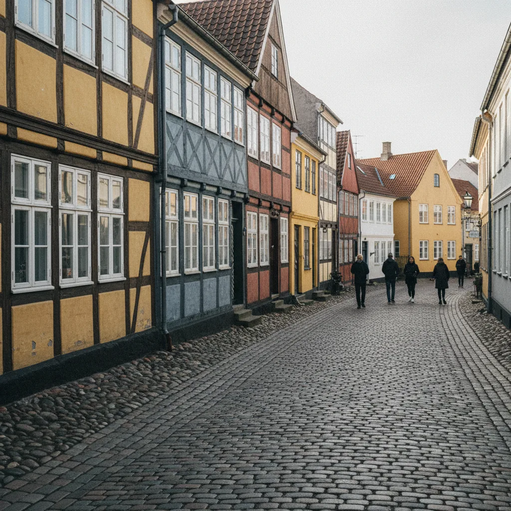 Altstadt von Assens mit Fachwerkhäusern und kopfsteingepflasterten Gassen auf Fünen