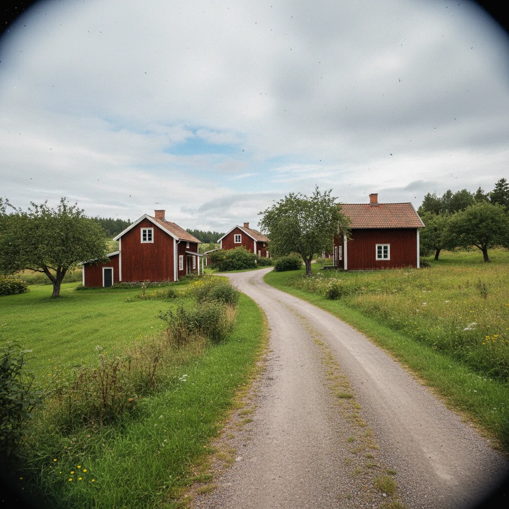 Rote Holzhäuser in Sevedstorp, dem echten Bullerbü, umgeben von grünen Wiesen und Bäumen