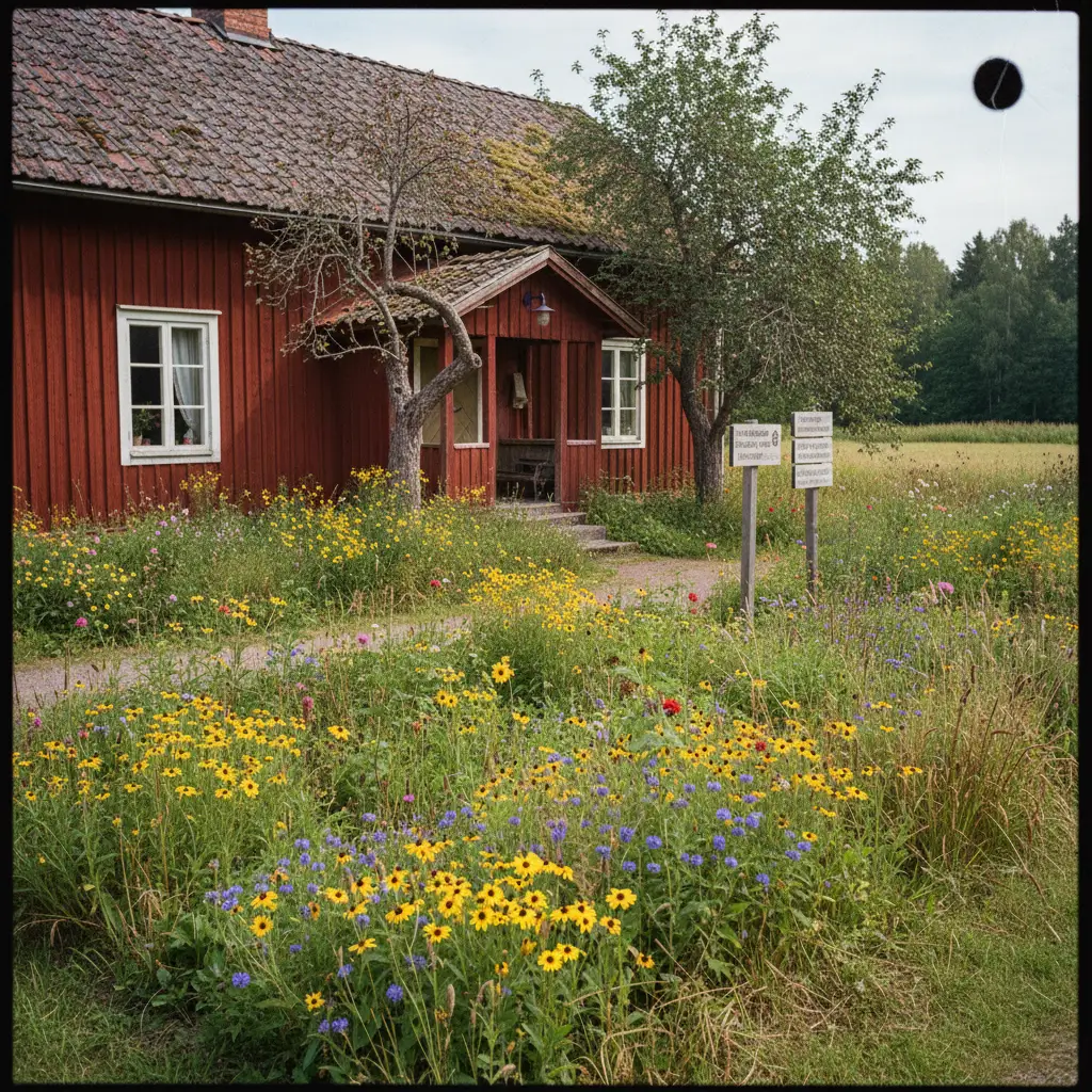 Rotes Holzhaus Näs, Geburtshaus von Astrid Lindgren in Vimmerby, mit Garten und alten Bäumen