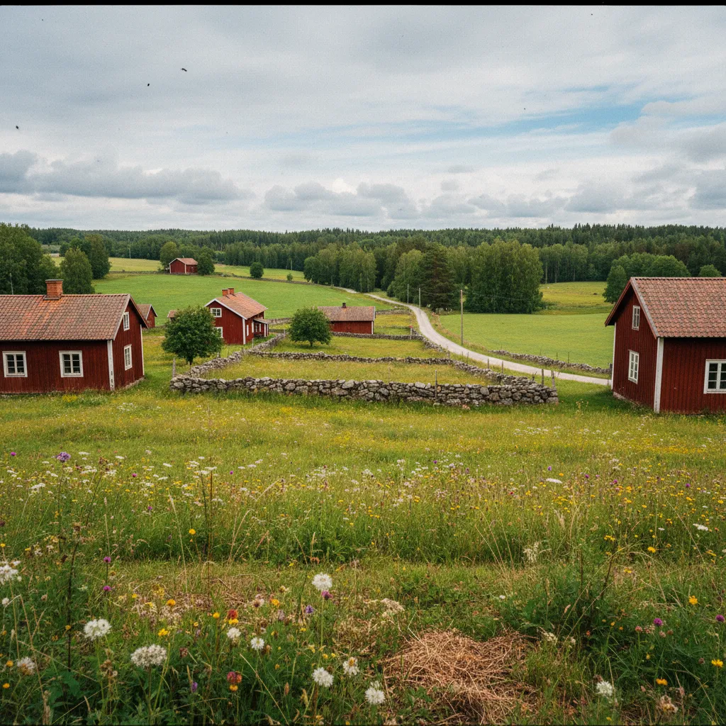 Typische Småland-Landschaft mit Steinmauern, Wiesen und roten Höfen zwischen Birkenwäldern
