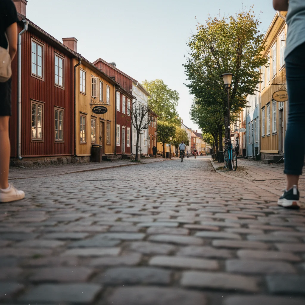 Blick auf Vimmerby mit roten Holzhäusern und Kirchturm im Hintergrund