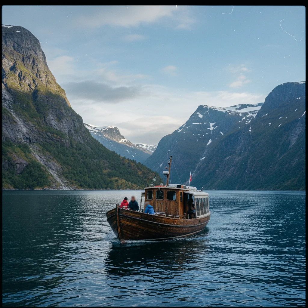 Boot auf dem Aurlandsfjord vor steilen Felswänden
