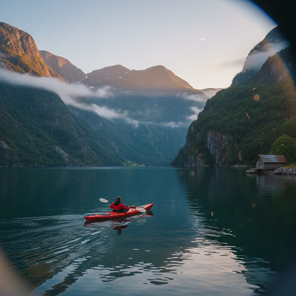 Kajakfahrer auf dem ruhigen Aurlandsfjord
