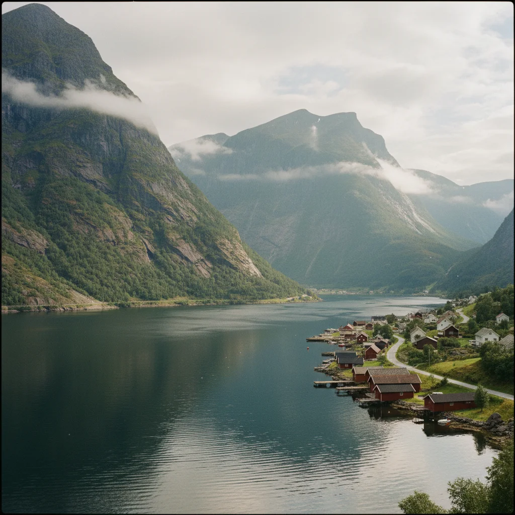 Das kleine Dorf Undredal am Aurlandsfjord mit weißer Stabkirche