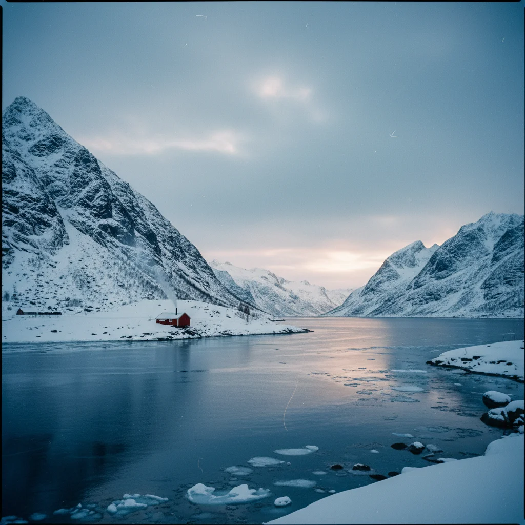 Aurlandsfjord im Winter mit schneebedeckten Bergen