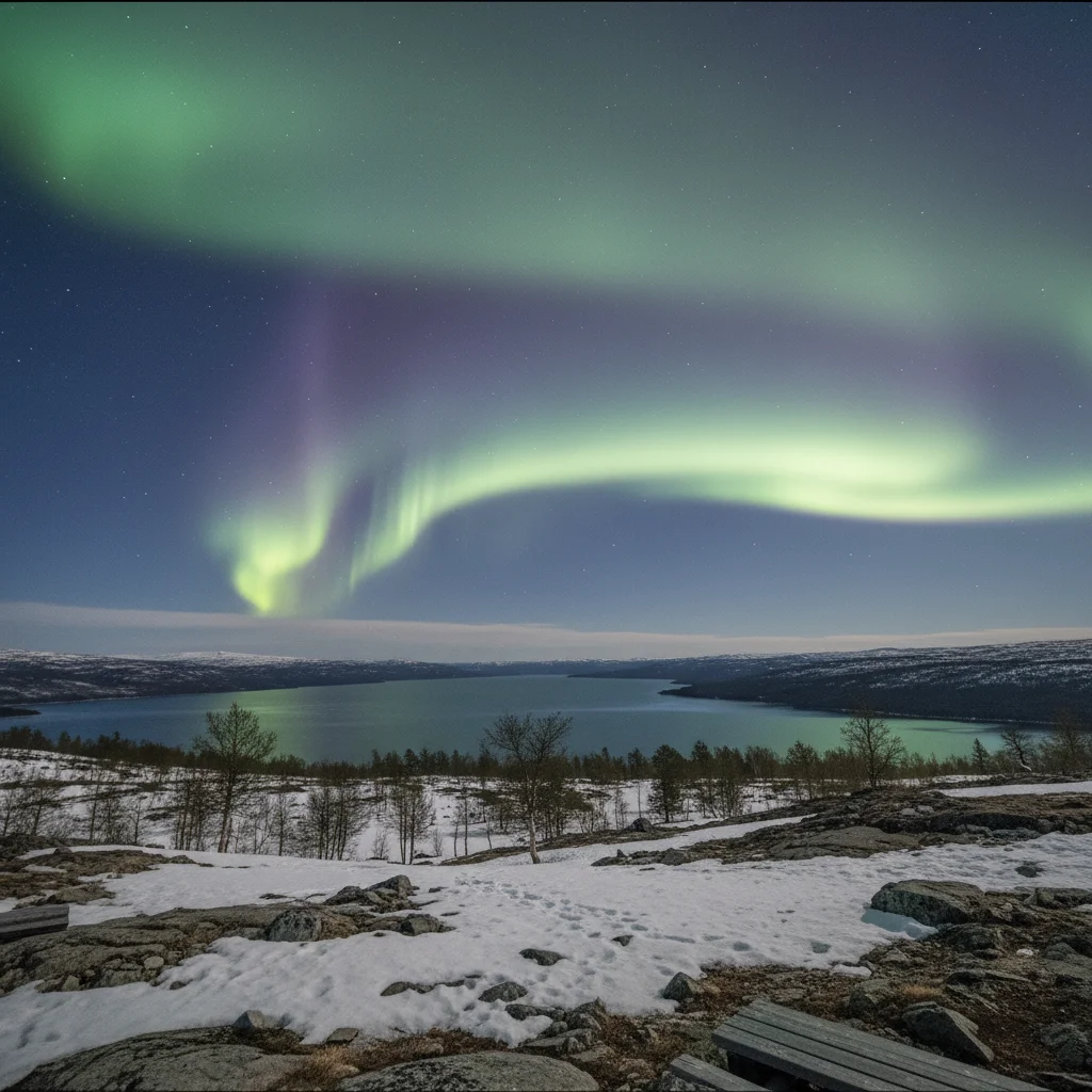 Panoramablick vom Nuolja-Berg über den Torneträsk-See mit Nordlichtern am Himmel