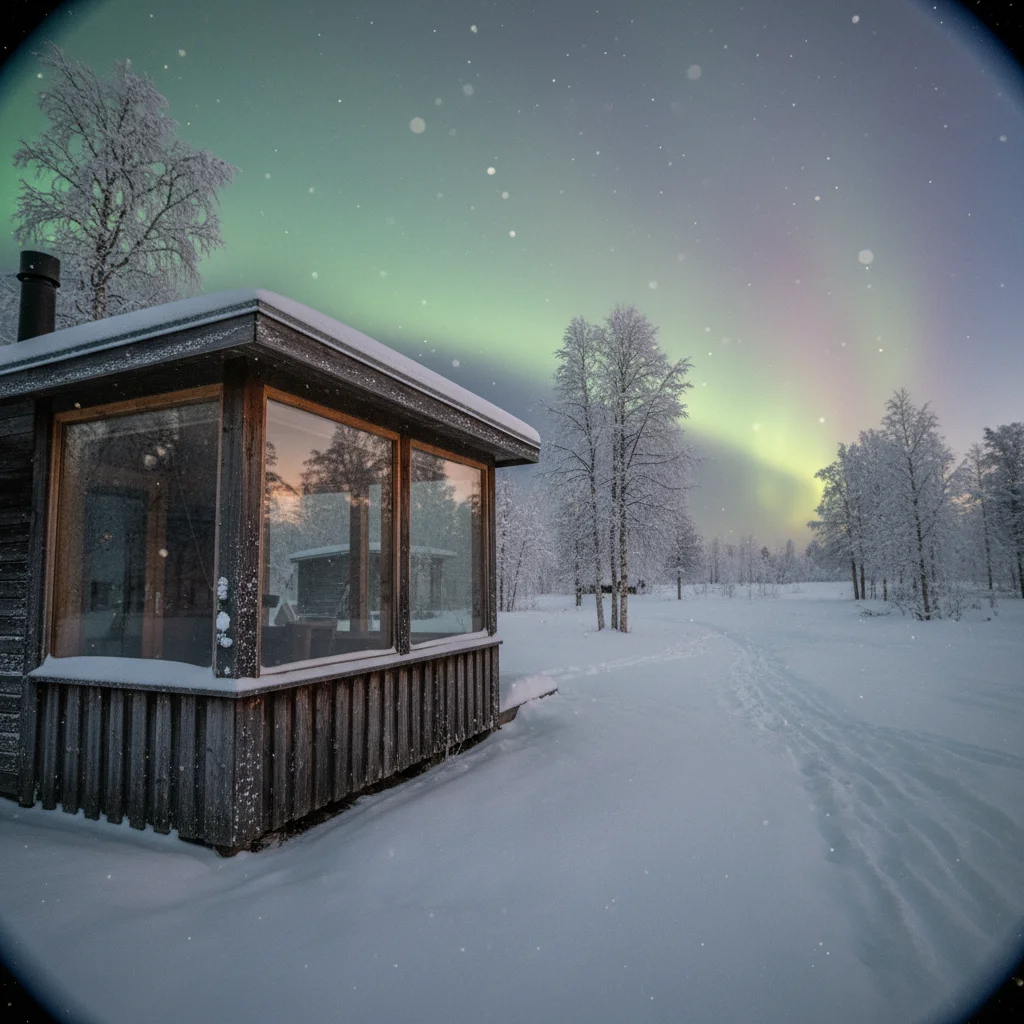 Aurora Cabin von außen in verschneiter Winterlandschaft