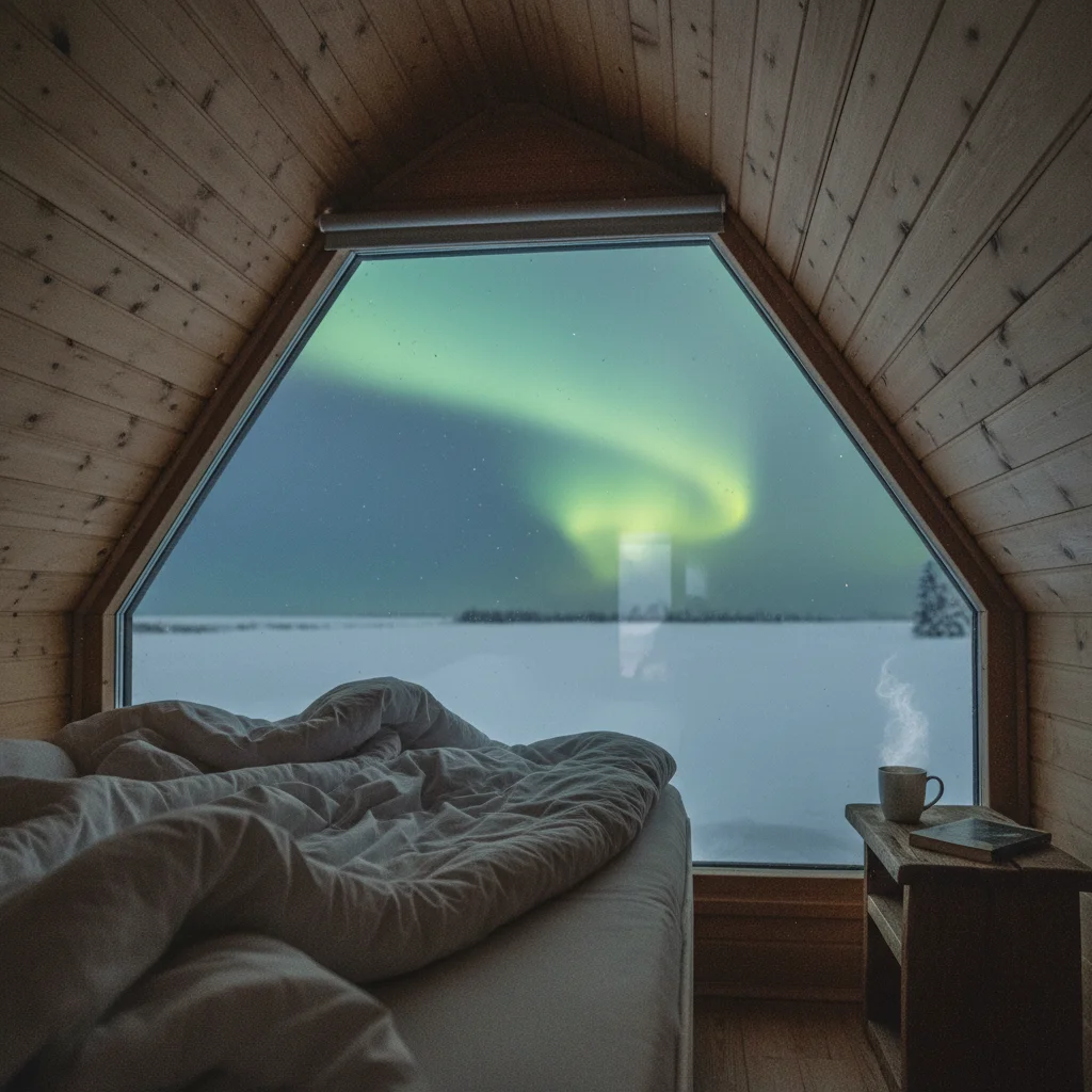 Innenansicht einer Aurora Cabin mit Glasdach und Blick auf den Nachthimmel