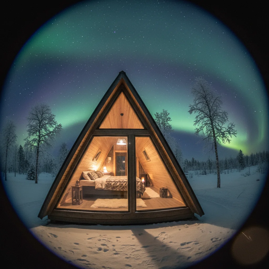 Nordlichter über einer beleuchteten Aurora Cabin in der Schneelandschaft