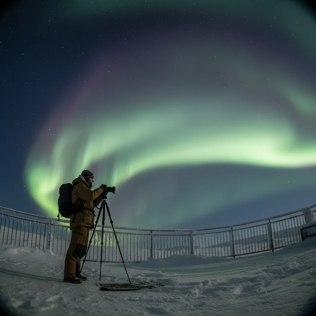 Fotograf mit Kamera auf Stativ fotografiert Nordlichter auf der Aurora Sky Station