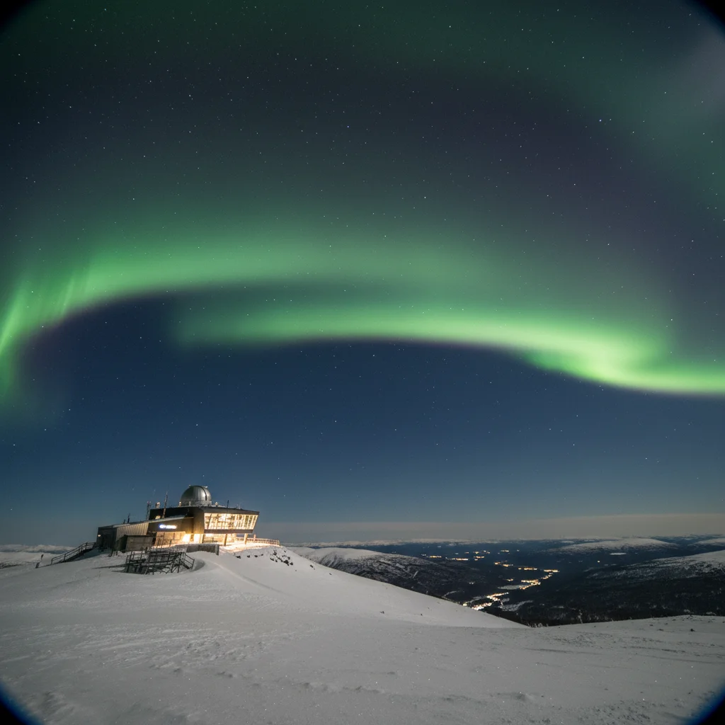 Grünes Nordlicht über der Aurora Sky Station auf dem Nuolja-Berg bei Abisko