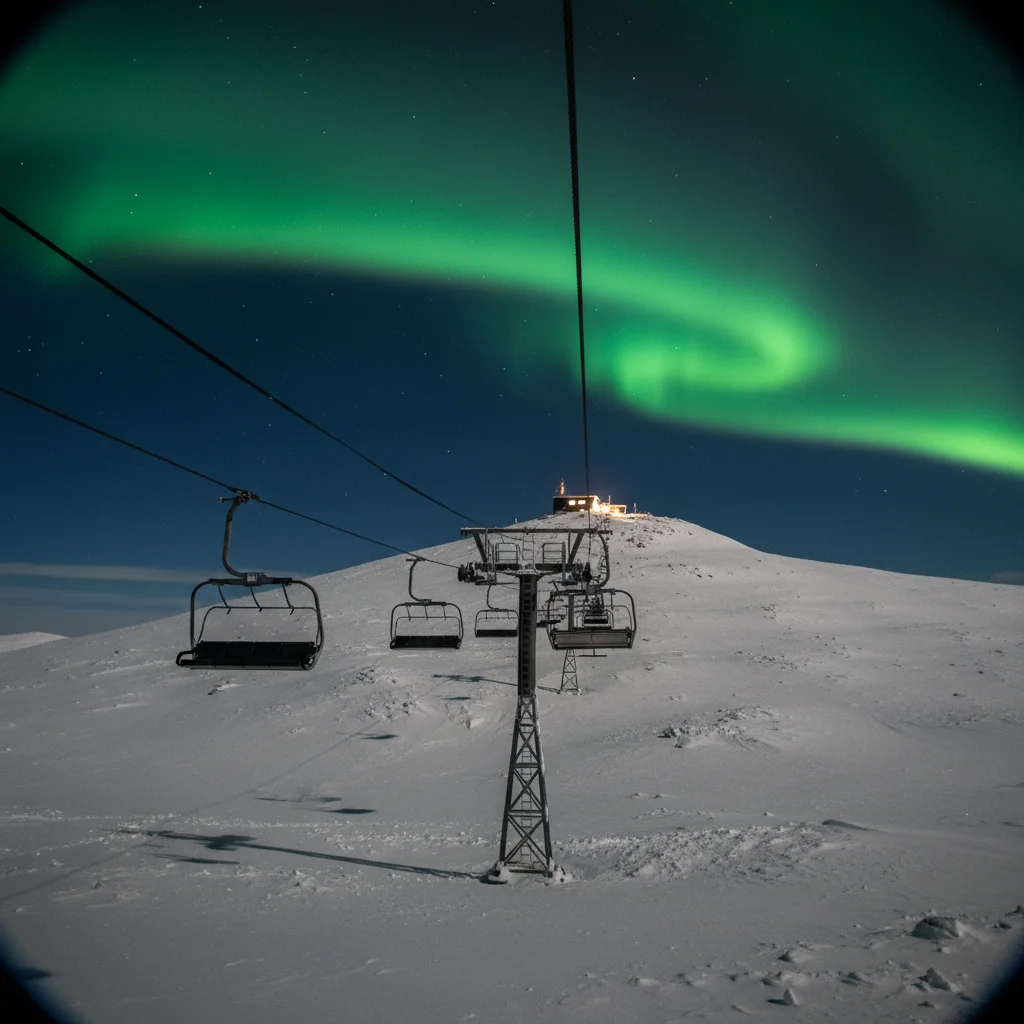 Sessellift zur Aurora Sky Station bei Nacht mit grünem Nordlicht am Himmel über dem Nuolja-Berg