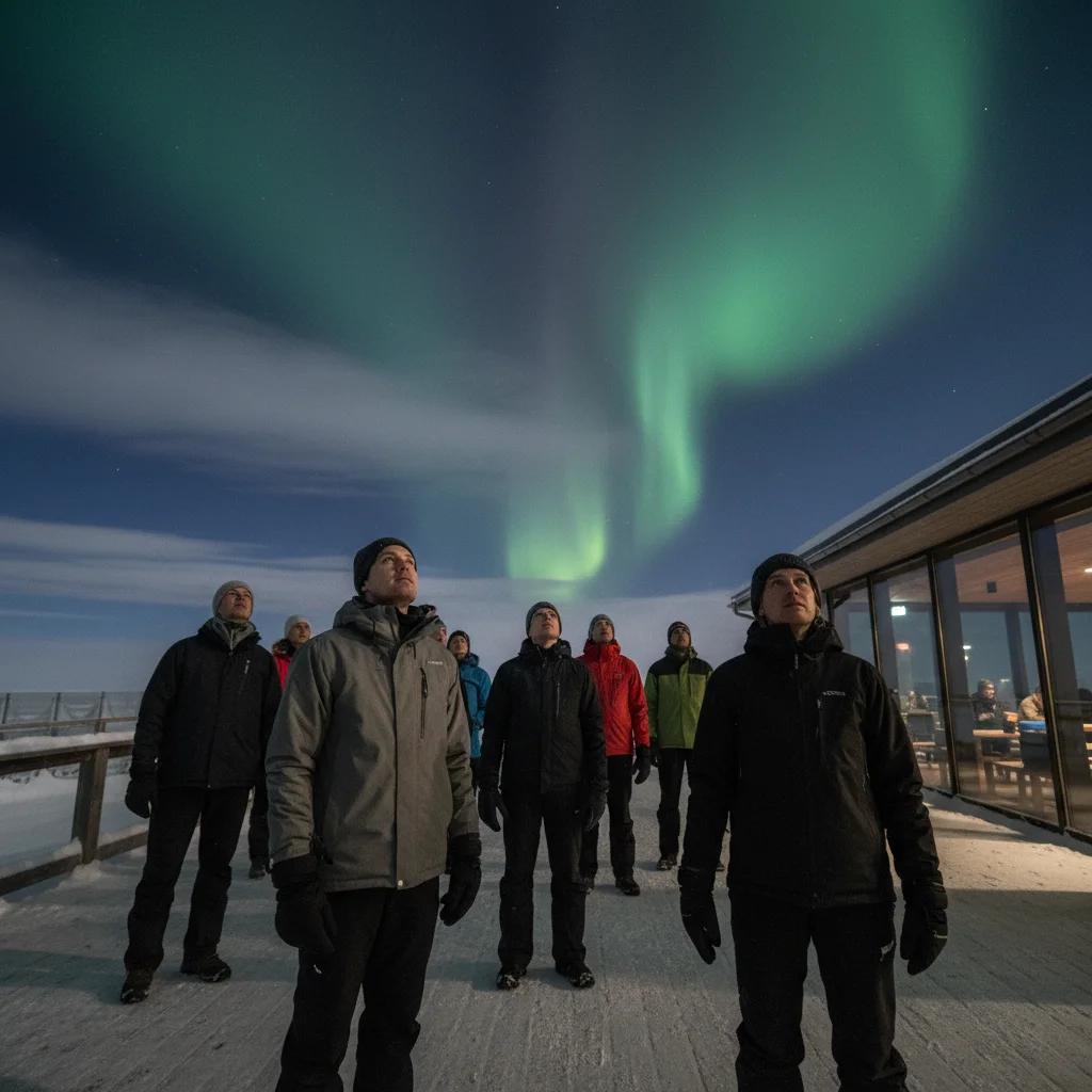 Besucher in Winterkleidung auf der Terrasse der Aurora Sky Station warten auf Nordlichter